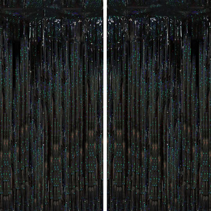 Picture of Voircoloria 2 Pack Laser Black Tinsel Foil Fringe Curtains, Black Party Decorations, Metallic Tinsel Party Streamers Backdrop for Birthday Halloween Masquerade New Years Gatsby 1920s Party Decorations