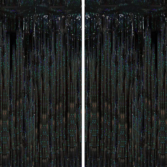 Picture of Voircoloria 2 Pack Laser Black Tinsel Foil Fringe Curtains, Black Party Decorations, Metallic Tinsel Party Streamers Backdrop for Birthday Halloween Masquerade New Years Gatsby 1920s Party Decorations