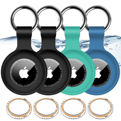 Picture of 4 Pack,IPX8 Waterproof Airtag Holder for Apple Air Tags with Air Tag Keychain,Shockproof GPS Cases [Anti-Scratch] [PC+Silicone] Air-Tag Item Finders Cover,Lovely Air Tags Cover,Black/Black/Green/Blue