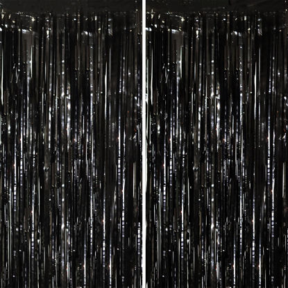 Picture of Voircoloria 2 Pack Black Tinsel Foil Fringe Curtains, Black Party Decorations, Metallic Tinsel Party Streamers Backdrop for Birthday Halloween New Years Graduation Party Decorations