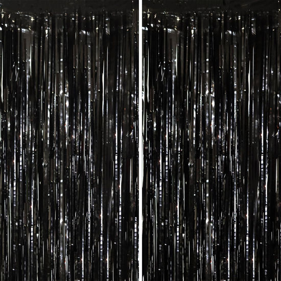 Picture of Voircoloria 2 Pack Black Tinsel Foil Fringe Curtains, Black Party Decorations, Metallic Tinsel Party Streamers Backdrop for Birthday Halloween New Years Graduation Party Decorations