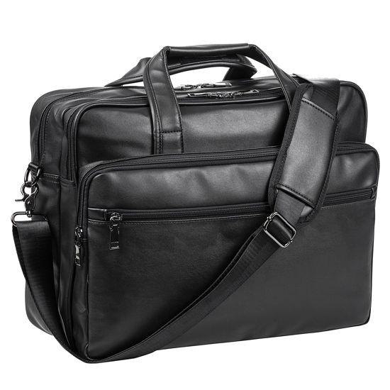 Picture of Leather Laptop Bag, Men's 15.6 Inches Messenger Briefcase Business Satchel Computer Handbag Shoulder Bag Fits 15.6 Inch Laptop Black