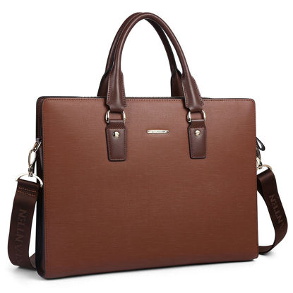 Picture of BOSTANTEN Leather Lawyers Briefcase Shoulder Laptop Business Slim Bags for Men & Women Coffee