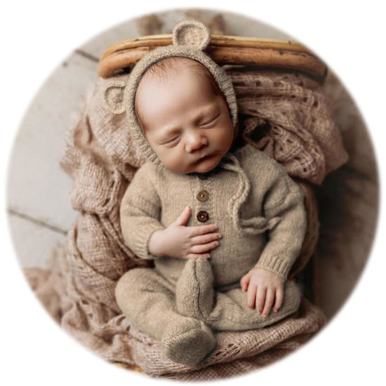 Picture of Zeroest Newborn Bear Photography Outfit Girl Boy Bear Hat Photo Picture Props Baby Phootshoot Knit Footed Romper Bonnet 2PCS (Dusty Camel)