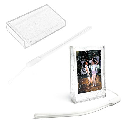 Picture of Linpr 2 Set Travel Photo Holder for Fujifilm Instax Mini 7+/8/9/11/12/40/90/EVO, 3 inch Photo Storage Case, Camera Clear Photo Protective Box with Wrist Lanyard, Postcard Display Frame (Clear glitter)