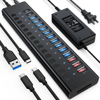 Picture of Powered USB Hub, VANGREE 17-Port 90W USB 3.0 Hub (10 USB 3.0 Ports+3 QC24W Fast Charging Ports+2 USB-C 3.0 Ports+SD/TF Card Reader), Individual On/Off Switches, 12V/7.5A Power Adapter for Laptop, PC