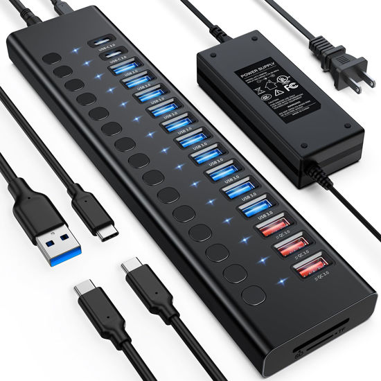 Picture of Powered USB Hub, VANGREE 17-Port 90W USB 3.0 Hub (10 USB 3.0 Ports+3 QC24W Fast Charging Ports+2 USB-C 3.0 Ports+SD/TF Card Reader), Individual On/Off Switches, 12V/7.5A Power Adapter for Laptop, PC