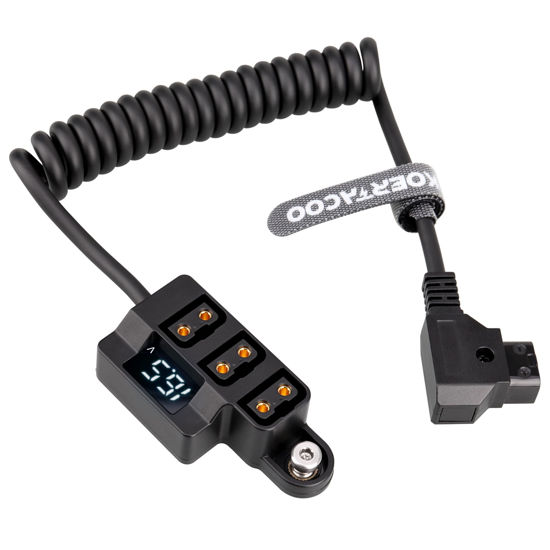 Picture of KOERTACOO D-Tap 1×3 Power Splitter Adapter with Voltage Display & 1/4 Mounting Screws for V-Mount/Gold Mount Battery,Camera Cage,Video Transmission, Monitor, BMPCC 4K/6K, etc. (Coiled Cable Version)