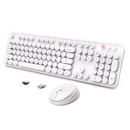 Picture of Wireless Keyboard and Mouse Combo, Ergonomic Full Size Typewriter Retro Round Keycaps Keyboard, Compatible with Windows, PC, Perfer for Home and Office Keyboards（White）