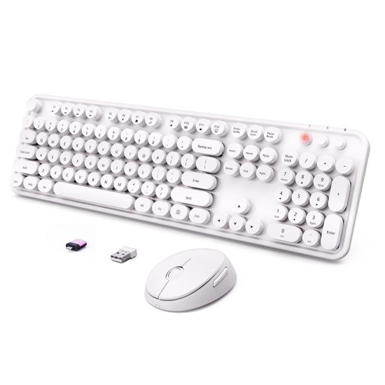 Picture of Wireless Keyboard and Mouse Combo, Ergonomic Full Size Typewriter Retro Round Keycaps Keyboard, Compatible with Windows, PC, Perfer for Home and Office Keyboards（White）