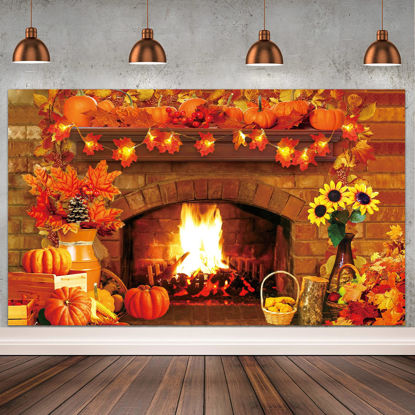 Picture of Fall Thanksgiving Decoration Thanksgiving Fireplace Backdrop Autumn Harvest Pumpkin Background Thanksgiving Day Maple Leaf Sunflower Banner For Thanksgiving Fall Birthday Party Photo Props Supplies