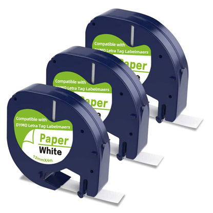 Picture of Camopro Compatible Label Tape Replacement for Dymo LetraTag Labeling Refills 91330 10697 (S0721510) Label Tape 1/2 Inch x 13 feet, 3 Pack Black on White Self-Adhesive Paper Tape for DYMO Label Maker