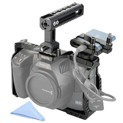 Picture of MAGICRIG BMPCC 6K Pro Full Camera Cage Rig for Blackmagic Pocket Cinema Camera 6K Pro / 6K G2,with NATO Top Handle NATO Rail T5 SSD Mount Clamp Cold Shoe 3/8"-16 ARRI Locating & 1/4"-20 Screw Hole