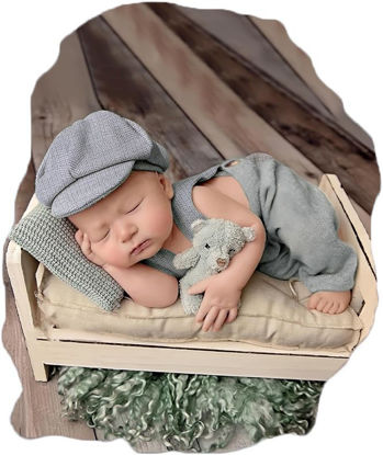Picture of Ylsteed Newborn Boy Photoshoot Outfits 2Pcs Newborn Photography Outfits Girl Baby Photography Props Newborn Gentleman Suit Photography Outfits Boy Suspender Pants with Beret 0-3 months (Light Grey)
