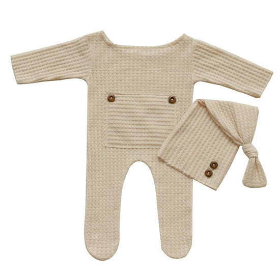 Picture of CUTEBBPHOTO Newborn Baby Photography Bodysuits with Long Tail Hat Boy Girl Photo Crochet Outfits Props (Beige)