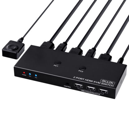 Picture of KVM Switch 4K@60Hz, HDMI USB Switch for 2 Computer Share UHD Monitor and Keyboard Mouse Printer, Support YUV RGB 4:4:4, with 2 USB Cables & Wired Controller