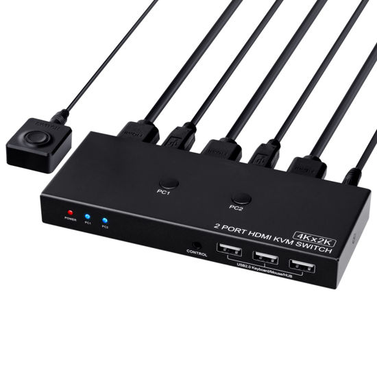 Picture of KVM Switch 4K@60Hz, HDMI USB Switch for 2 Computer Share UHD Monitor and Keyboard Mouse Printer, Support YUV RGB 4:4:4, with 2 USB Cables & Wired Controller