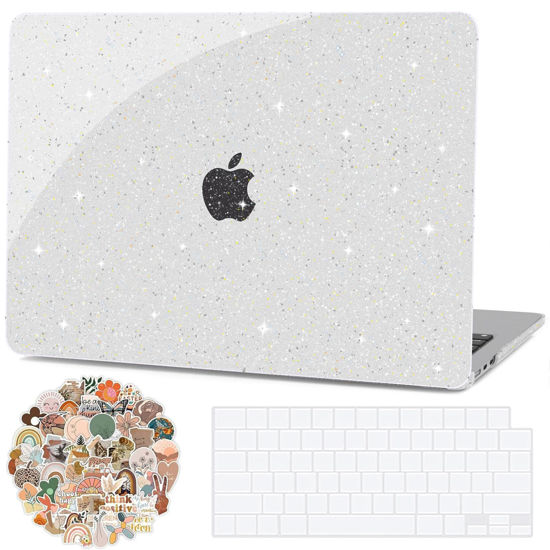 Picture of G JGOO Compatible with MacBook Air 13 inch Case 2025 2024 2023 2022 Release M3 A3113 M2 A2681, Clear Glitter Plastic Hard Shell for MacBook Air 13.6 inch Case + Keyboard Cover+ 50 Pcs Laptop Sticker