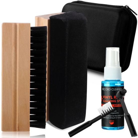 Picture of Ziliny 6 Pcs Vinyl Record Cleaning Kit includes Velvet Soft Record Brush, Nylon Brush, 2 Microfiber Brush, Cleaner Fluid and Storage Box, Vinyl Record Cleaning Brush Kit (Wood Color)