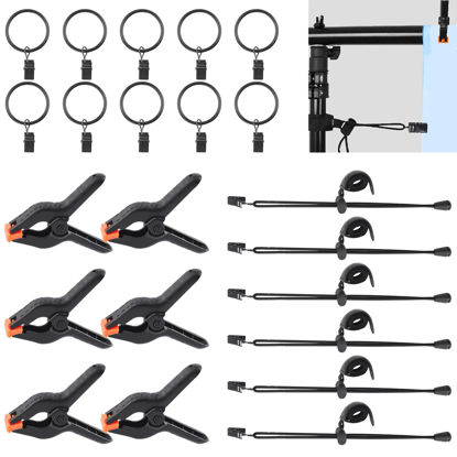 Picture of WOKAPE 22 Packs Photography Backdrop Clips Clamps, Include 10 Curtain Ring Clips, 6 Spring Clamps, 6 Leather Background Clips Holder for Photo Studio Backdrop Background Helper Photo Clamp