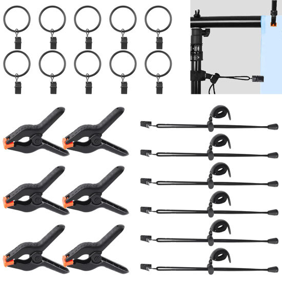 Picture of WOKAPE 22 Packs Photography Backdrop Clips Clamps, Include 10 Curtain Ring Clips, 6 Spring Clamps, 6 Leather Background Clips Holder for Photo Studio Backdrop Background Helper Photo Clamp