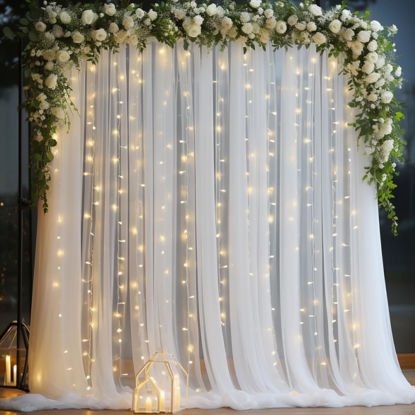 Picture of 10x10ft White Tulle Backdrop Curtain with Lights String for Parites, Sheer Backdrop Curtains for Wedding Baby Shower Birthday Party Photo Shoot Decorations