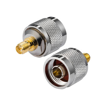 Picture of POBADY 2PCS RP-SMA Female to N-Type Male Adapter, Coaxial, Copper, Nickel Plated, Brass Gold Plated, 49.1g