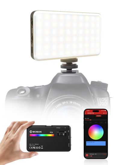 Picture of MOMAN On Camera Light, 91 LEDs RGB Camera Video Lights for Photography, CRI 95+ Dimmable 2500-9000K, 3100mAh, PC8 Portable Camera Video Recording Lighting Panel with Cold Shoe, On-Camera-Video-Light