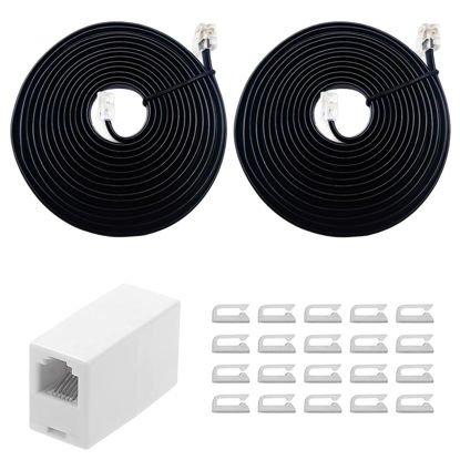Picture of SINCODA 2 Pack Telephone Extension Cord 8 Feet,with Standard RJ12 Plug and RJ12 6P6C 1 in-Line Couplers and 20 Cable Clip Holders for Easy Wiring Management
