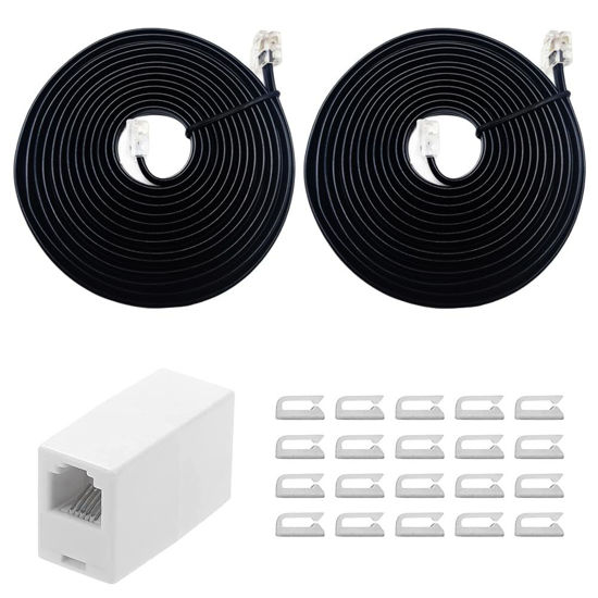 Picture of SINCODA 2 Pack Telephone Extension Cord 8 Feet,with Standard RJ12 Plug and RJ12 6P6C 1 in-Line Couplers and 20 Cable Clip Holders for Easy Wiring Management