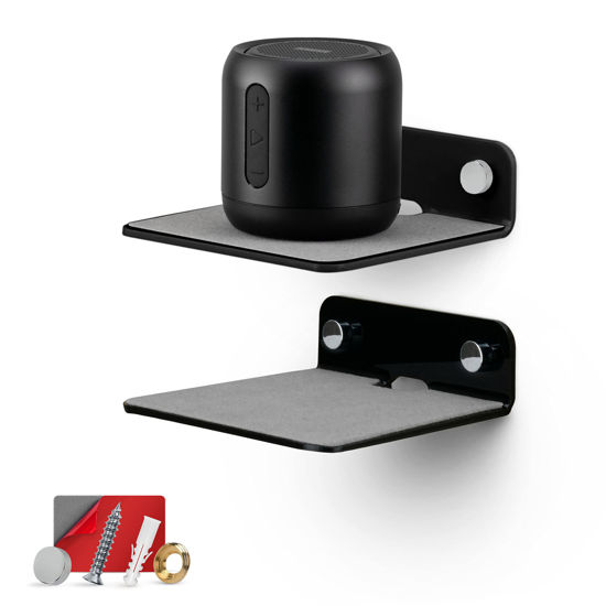 Picture of BRAINWAVZ 2-Pack 4” Small Floating Shelf Bluetooth Speaker Stand, Adhesive & Screw Wall Mount, Anti Slip, for Cameras, Baby Monitors, Webcam, Router & More, Universal Holder (SHELF11 Black)