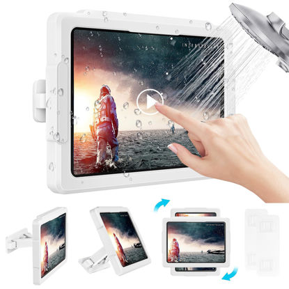 Picture of MoKo Shower Tablet Holder, Stretchable Waterproof iPad Holder Fit All Devices Up to 11", 360° Rotation Tablet Wall Mount Holder with Anti-Fog Touchable Screen, 2 Placement Modes, for Bathroom Kitchen