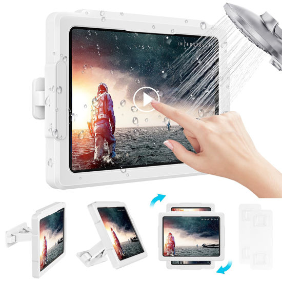 Picture of MoKo Shower Tablet Holder, Stretchable Waterproof iPad Holder Fit All Devices Up to 11", 360° Rotation Tablet Wall Mount Holder with Anti-Fog Touchable Screen, 2 Placement Modes, for Bathroom Kitchen