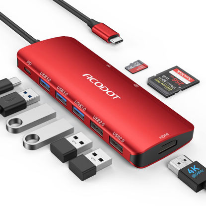 Picture of USB C Hub, Acodot 9 in 1 USB C to 4K@60HZ HDMI Multiport Adapter, 3 USB 3.0 Ports, SD/TF Card Reader, 100W PD, USB C Hub Multiport Adapter Desigend for MacBook Pro Air HP XPS etc, Red
