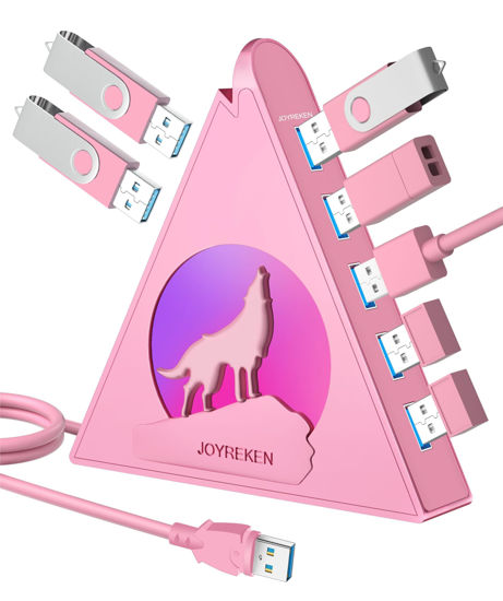 Picture of JoyReken Howling Wolf USB Hub - 7 USB 3.0 Ports - Pink - Plug and Play - 2ft/1.2m Long Cable, for Laptop, PC, Flash Drive, HDD, Console, Printer, Keyborad, Mouse and More(Charging Not Supported)…