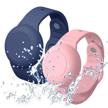 Picture of Aircawin Waterproof Airtag Bracelet for Kids,2 Pack Hidden Airtag Wristband Kids,Anti-Lost Silicone Apple Airtag Holder Case for Toddler,Airtag Case Cover Watch Band GPS Tracker for Child-Blue+Pink