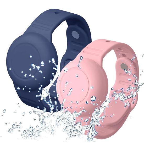 Picture of Aircawin Waterproof Airtag Bracelet for Kids,2 Pack Hidden Airtag Wristband Kids,Anti-Lost Silicone Apple Airtag Holder Case for Toddler,Airtag Case Cover Watch Band GPS Tracker for Child-Blue+Pink