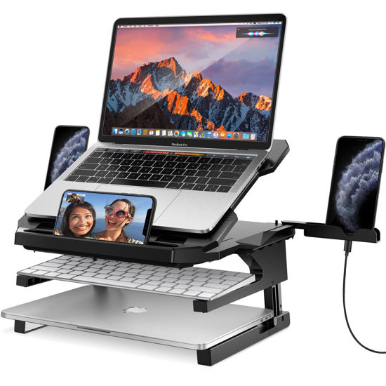 Picture of AboveTEK Laptop Stand, 20 Angles Two-Layer Height Adjustable Laptop Stands, Portable Laptop Riser with 360 Rotating Base Storage Space & Extra Phone Holders Compatible with 10''-17'' Laptops Black