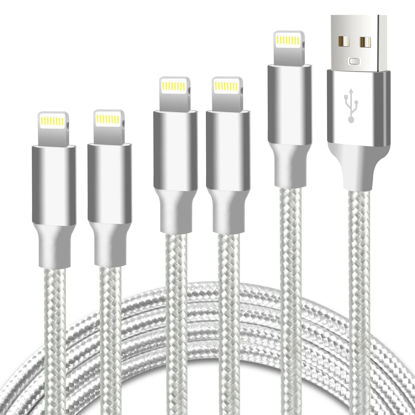 Picture of cugunu iPhone Charger, 5 Pack 3/3/6/6/10FT Apple MFi Certified USB Lightning Cable Nylon Braided Fast Charging Cord Compatible for iPhone 14/13/12/11/X/Max/8/7/6/5/SE/Plus/iPad - Silver