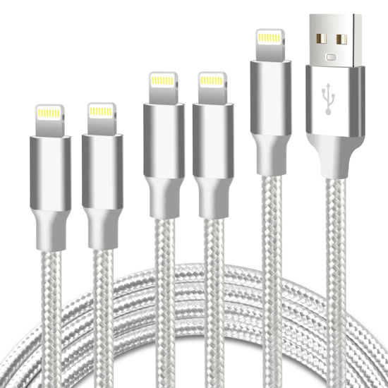 Picture of cugunu iPhone Charger, 5 Pack 3/3/6/6/10FT Apple MFi Certified USB Lightning Cable Nylon Braided Fast Charging Cord Compatible for iPhone 14/13/12/11/X/Max/8/7/6/5/SE/Plus/iPad - Silver