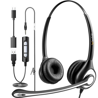 Picture of Wantek USB Headset with Mic for PC, On-Ear Computer Laptop Headphones with Noise Cancelling Microphone in-line Control for Home Office Online Class Skype Zoom