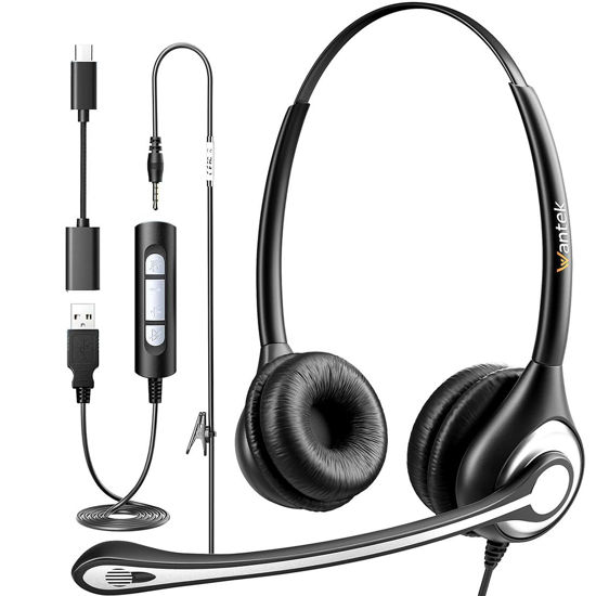 Picture of Wantek USB Headset with Mic for PC, On-Ear Computer Laptop Headphones with Noise Cancelling Microphone in-line Control for Home Office Online Class Skype Zoom