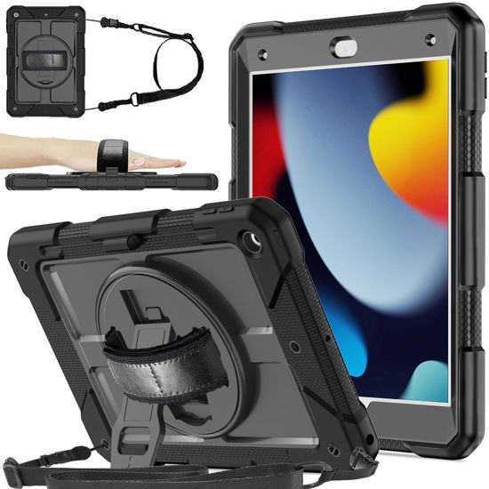 Picture of BMOUO Case for iPad 9th/8th/7th Generation 10.2", Shockproof 360 Rotating Stand Shoulder Hand Strap iPad 9th/8th/7th Generation Case with Pencil Holder for iPad 10.2 inch 2021/2020/2019 - Black