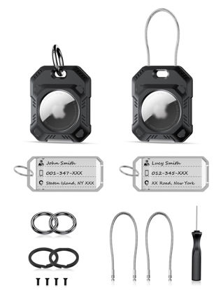 Picture of PROfezzion 2 Pack 2-in-1 Secure AirTag Holder Hard Shell Case with Key Rings, Key Tag, Metal Wire Cable, Allen Wrench and Spare Screws for Keychain, Dog Collar, Luggage Bag, Backpack & More - Black
