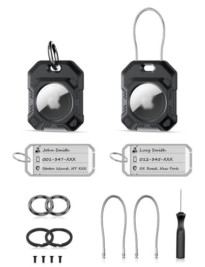 Picture of PROfezzion 2 Pack 2-in-1 Secure AirTag Holder Hard Shell Case with Key Rings, Key Tag, Metal Wire Cable, Allen Wrench and Spare Screws for Keychain, Dog Collar, Luggage Bag, Backpack & More - Black