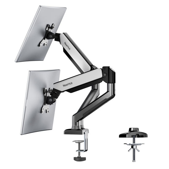 Picture of NearHub Dual Monitor Desk Mount for 13-32 Inch Computer Screen,Adjustable Gas Spring Monitor Arm,Each Arm Holds 4.4 to 22 lbs,VESA Bracket 75X75mm 100X100mm with C Clamp & Grommet Mounting Base