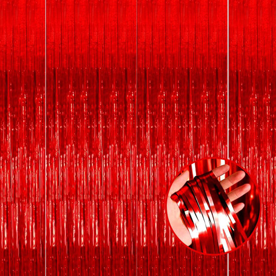 Picture of HalloweenDecorate 4 Pack Red Foil Fringe Curtain Backdrop, 3.28Ft x 8.2Ft Metallic Tinsel Foil Fringe Streamer for Party, Photo Booth Props, Birthday, 2022 Mother's Day Decoration Party Supplies