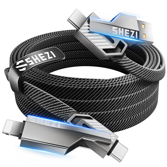 Picture of SHEZI [Upgraded 2.0] 4-in-1 Long USB C Cable 60W 10FT Lightning Cable Fast Charging [480Mbps Data Sync] Nylon Braided Charger Cord Combo with Lightning/USB C/USB A Port for iPhone iPad & Most Devices