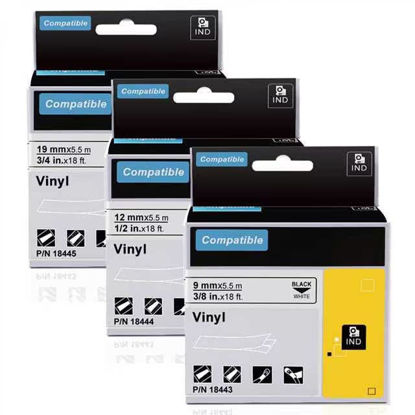 Picture of Aonomi Rhino 18443 18444 18445 9mm 12mm 19mm Label Tapes Replace for DYMO Rhino 3/8" 1/2" 3/4" Permanent Vinyl Tape Compatible with DYMO Rhino 4200 5200 5000 6000+ Label Maker, Black on White,3-Pack