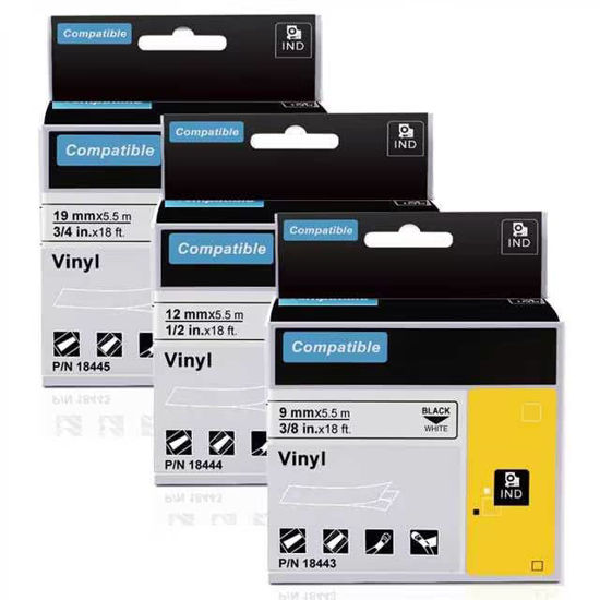 Picture of Aonomi Rhino 18443 18444 18445 9mm 12mm 19mm Label Tapes Replace for DYMO Rhino 3/8" 1/2" 3/4" Permanent Vinyl Tape Compatible with DYMO Rhino 4200 5200 5000 6000+ Label Maker, Black on White,3-Pack